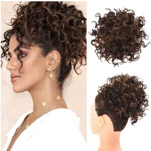 Brown Red Curly Hair Bun, Messy Bun Hair Piece Elastic Drawstring Loose Wave Bun